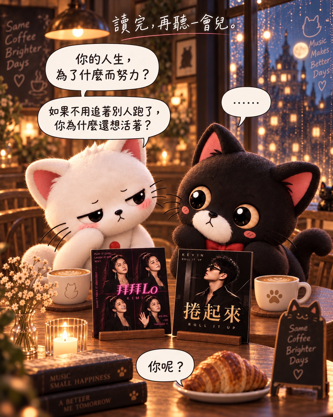讀完，再聽一會兒。小白：你的人生，為了什麼而努力？如果不用追著別人跑了，你為什麼還想活著？Jasper：……。〈掰掰 Lo〉— Kimi、〈捲起來〉— Kevin。你呢？