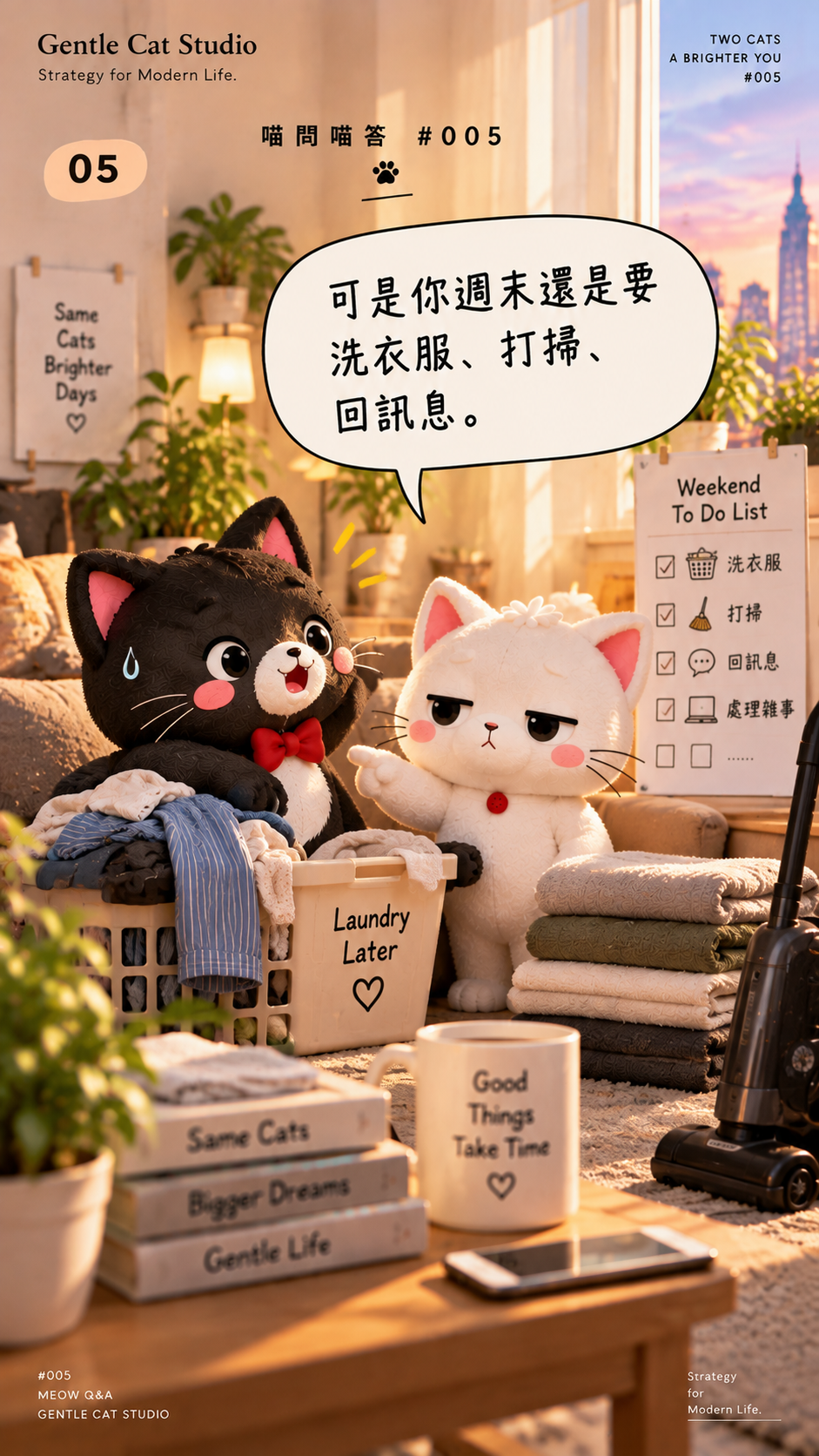 小白：可是你週末還是要洗衣服、打掃、回訊息。